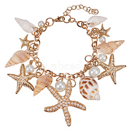 Trendy Shell Charm Bracelets, CCB Plastic Alloy Rhinestone Starfish and Glass Pearl Pendants, with Iron Chains and Brass Lobster Claw Clasps, Golden, 230mm(BJEW-PH0002-01-WH)