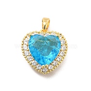Brass Micro Pave Clear Cubic Zirconia Pendants, with Faceted Glass, Heart Charm, Real 18K Gold Plated, Deep Sky Blue, 18.5x17x9.5mm, Hole: 5x3mm(KK-I695-001G-03)