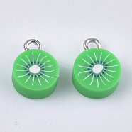 Handmade Polymer Clay Pendants, with Iron Findings, Imitation Food, Kiwi Fruit, Platinum, Lime Green, 13~14x10x4.5~5mm, Hole: 1.8mm(CLAY-S091-94)