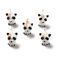 Handmade Lampwork Pendants, Panda Charms with Flower, Gold, 23~24x15~16x15~18mm, Hole: 3~3.5mm(LAMP-G156-11B)