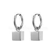 304 Stainless Steel Dangle Hoop Earrings, Stainless Steel Color, Cube, 22.6x8mm(NS0703-2)
