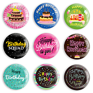 Tinplate Brooch, with Plastic Bottom & Iron Pin, Flat Round, Mixed Color, Birthday Themed Pattern, 58x4mm, 9pcs/set(JEWB-WH0013-003)