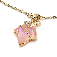 Maple Leaf Light Gold Brass Micro Pave Cubic Zirconia Pendant Necklaces, with Glass, Pink, 16.22 inch(41.2cm)(NJEW-E105-14KCG-01)