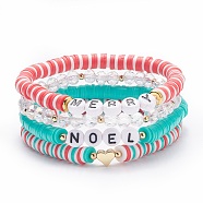 4Pcs 4 Style Handmade Polymer Clay Heishi Sunfer Stretch Bracelets Set with Brass Heart, Word Merry Noel Acrylic Preppy Bracelets with Glass for Women, Mixed Color, Inner Diameter: 2-1/8 inch(5.4cm), 1Pc/style(BJEW-TA00093)