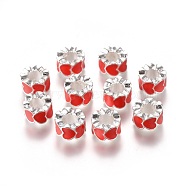 Alloy Enamel European Beads, Large Hole Beads, Column, Silver Color Plated, Red, 10x6mm, Hole: 5mm(MPDL-R011-01)