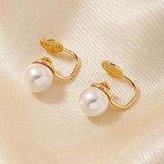 Simple and Elegant Vintage Brass Imitation Pearl Round Clip-on Earrings, Round, Golden, White, 14x9mm(UF6874)