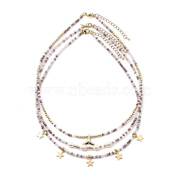 Beaded Necklaces & Pendant Necklace Sets, with Brass Beads & Whale Tail Pendant, Natural Pearl Beads, Glass Beads, 304 Stainless Steel Star Charms & Lobster Claw Clasps, Plum, Golden, 17.72 inch(45cm) & 17.91 inch(45.5cm), 3pcs/set(NJEW-JN03076-01)