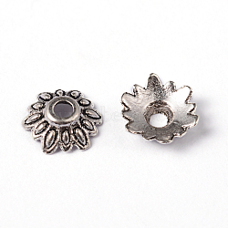Tibetan Style Flower Bead Caps, Lead Free & Cadmium Free, Antique Silver, about 8mm long, 2.5mm thick, Hole: 2mm(X-LFH10352Y)