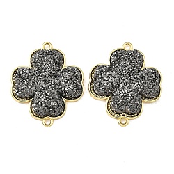 Brass with Druzy Resin Connector Charms, Golden, Long-Lasting Plated, Cadmium Free & Lead Free, Rack Plating, Gray, Clover, 31x26x8mm, Hole: 1.8mm(KK-C158-05B-G)