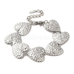 304 Stainless Steel Textured Heart Link Chain Bracelets, Stainless Steel Color, 7-1/2 inch(19cm)(BJEW-Q773-09P)