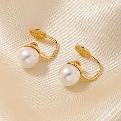 Simple and Elegant Vintage Brass Imitation Pearl Round Clip-on Earrings, Round, Golden, White, 14x9mm(UF6874)