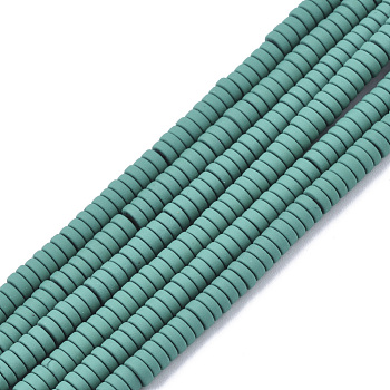 Spray Painted Non-magnetic Synthetic Hematite Beads Strands, Heishi Beads, Flat Round/Disc, Teal, 3x1mm, Hole: 0.8mm, about 335~338pcs/strand, 15.94 inch(40.5cm)