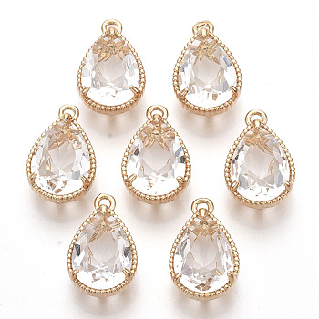Transparent Glass Pendants, with Golden Tone Brass Findings, Faceted, Teardrop, Clear, 19x12x8.5mm, Hole: 1.5mm