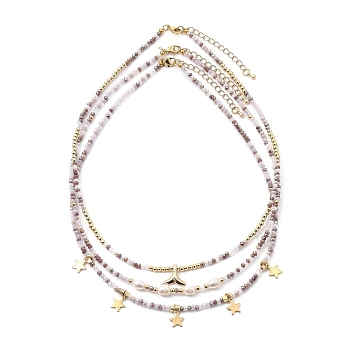 Beaded Necklaces & Pendant Necklace Sets, with Brass Beads & Whale Tail Pendant, Natural Pearl Beads, Glass Beads, 304 Stainless Steel Star Charms & Lobster Claw Clasps, Plum, Golden, 17.72 inch(45cm) & 17.91 inch(45.5cm), 3pcs/set