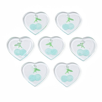 Transparent Resin Pendants, with Glitter Powder, Heart with Cherry, Pale Turquoise, 18x19.5x2~2.5mm, Hole: 1.4mm