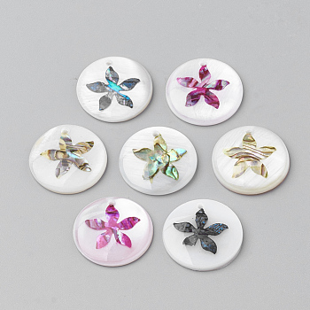 Freshwater Shell Pendants, Covered with Iron Findings, Flat Round with Flower, Mixed Color, 20x3~4mm, Hole: 1.4mm