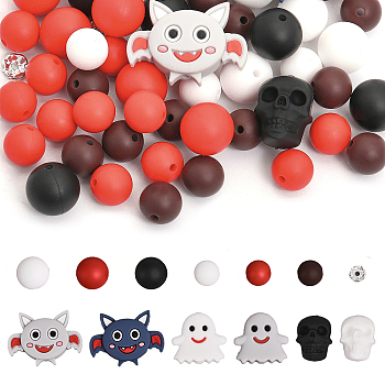 DIY Beads Jewelry Making Finding Kit for Halloween, Inculidng Silicone & Brass Rhinestone Beads, Round & Ghost & Skull, Mixed Color, 8~25.5x8~34x3.8~20mm, Hole: 1.5~2.5mm, 126Pcs/box