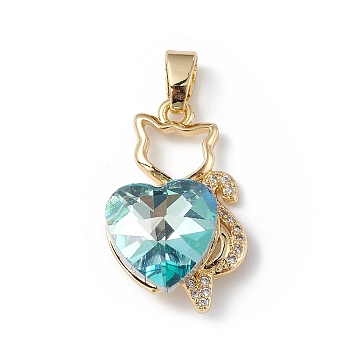 Real 18K Gold Plated Rack Plating Brass Micro Pave Clear Cubic Zirconia Pendants, with Glass, Long-Lasting Plated, Cadmium Free & Lead Free, Cat with Heart Charm, Pale Turquoise, 24x15x8mm, Hole: 5x3mm