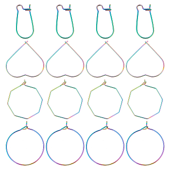 Unicraftale 32Pcs 4 Style 316 Surgical & 304 Stainless Steel Hoop Earring Findings, Wine Glass Charm Findings, Octagon & Heart & Ring, Rainbow Color, 21~25x10~26.5x0.6~0.8mm, Pin: 0.6mm, 8pcs/style