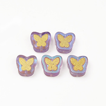 Electroplate Transparent Handmade Lampwork Beads, with Golden Plated Brass Findings, Butterfly, Orchid, 11x11x4mm, Hole: 1mm
