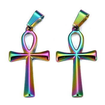 Ion Plating(IP) 304 Stainless Steel Pendants, for Jewelry Making, Ankh Cross, Rainbow Color, 30x16x2mm, Hole: 4.5x7mm