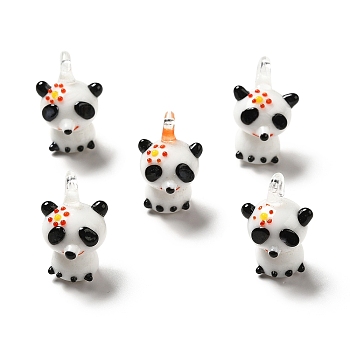 Handmade Lampwork Pendants, Panda Charms with Flower, Gold, 23~24x15~16x15~18mm, Hole: 3~3.5mm