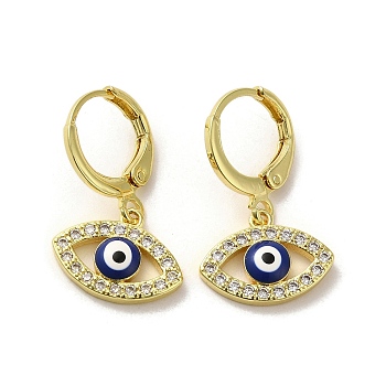 Horse Eye Real 18K Gold Plated Brass Dangle Leverback Earrings, with Enamel and Cubic Zirconia, Prussian Blue, 23.5~24x14.5mm