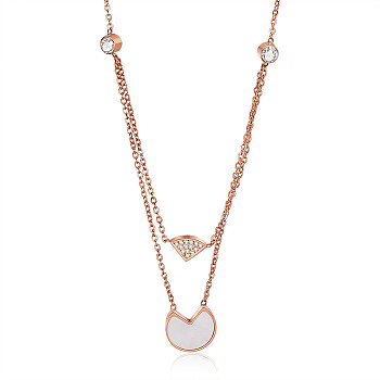SHEGRACE Titanium Steel Pendant Necklaces, with Clear Grade AAA Cubic Zirconia and Natural Shell, Fan, Rose Gold, 15.74 inch(40cm)