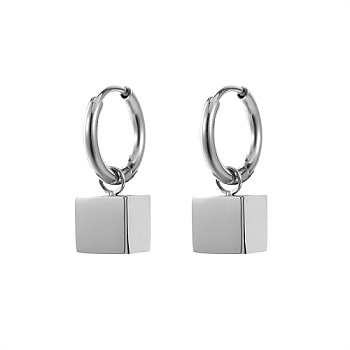 304 Stainless Steel Dangle Hoop Earrings, Stainless Steel Color, Cube, 22.6x8mm