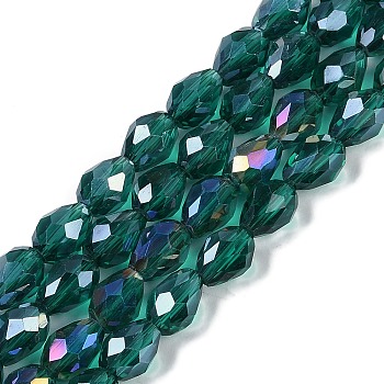 Transparent Electroplate Glass Beads Strands, AB Color Plated, Faceted, Teardrop, Teal, 5~6x4mm, Hole: 0.9mm, about 65~67pcs/strand, 15.35~16.4''(39~41cm)