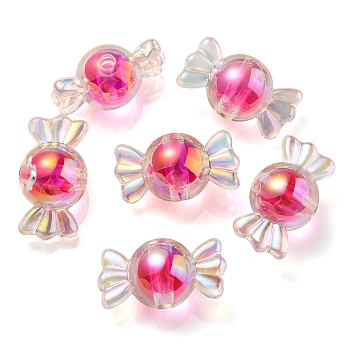 UV Plating Rainbow Iridescent Acrylic Beads, Two Tone Bead in Bead, Candy, Deep Pink, 15.5x29x15mm, Hole: 3mm