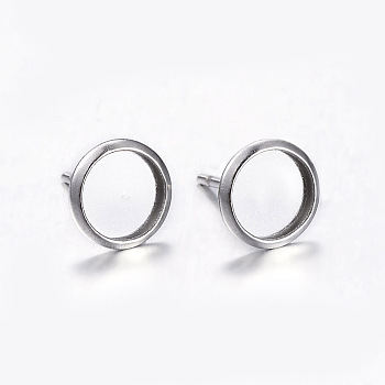 304 Stainless Steel Stud Earring Settings, Flat Round, Stainless Steel Color, Tray: 6mm, 8mm, Pin: 0.8mm