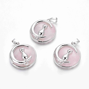 Natural Rose Quartz Kitten Pendants, with Platinum Tone Brass Findings, Flat Round with Cat & Crescent Moon Shape, 32x28x9mm, Hole: 5x7mm