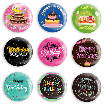 Tinplate Brooch, with Plastic Bottom & Iron Pin, Flat Round, Mixed Color, Birthday Themed Pattern, 58x4mm, 9pcs/set