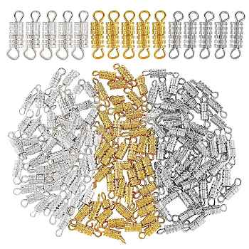 150 Sets 3 Colors Brass Screw Clasps, Mixed Color, 13~14.5x3.5mm, Hole: 2mm, 50 sets/color