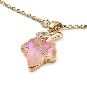Maple Leaf Light Gold Brass Micro Pave Cubic Zirconia Pendant Necklaces, with Glass, Pink, 16.22 inch(41.2cm)