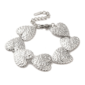 304 Stainless Steel Textured Heart Link Chain Bracelets, Stainless Steel Color, 7-1/2 inch(19cm)