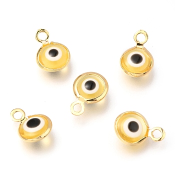 Handmade Evil Eye Lampwork Charms, with Brass Findings, Flat Round, Blue, Real 18K Gold Plated, 10x6.5x3mm, Hole: 1.5mm