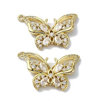Rack Plating Real 18K Gold Plated Brass Micro Pave Cubic Zirconia Pendants, Long-Lasting Plated, Lead Free & Cadmium Free, Butterfly, Clear, 29.5x26x3mm, Hole: 1.8mm