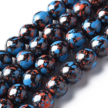 Spray Painted Non-magnetic Synthetic Hematite Beads Strands, with Glitter Powder, Round, Deep Sky Blue, 8mm, Hole: 1mm, about 51~52pcs/strand, 15.55 inch~15.75 inch(39.5~40cm)