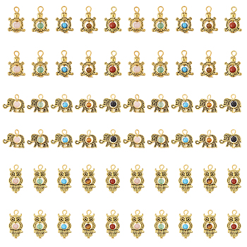 60Pcs 15 Styles Antique Golden Tone Alloy Pendants, with Natural & Synthetic Mixed Gemstone Beads, Elephant & Turtle & Owl, Mixed Shapes, 15~24mm, Hole: 2.3~2.6mm, 4pcs/style