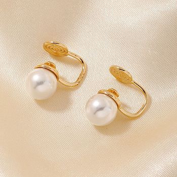 Simple and Elegant Vintage Brass Imitation Pearl Round Clip-on Earrings, Round, Golden, White, 14x9mm