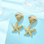 Ocean 304 Stainless Steel and Brass Stud Dangle Earrings, Golden, Starfish, Shell Shape, 40x24mm(EJEW-JE07107-02)