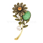 Plastic & Resin Imitation Turquoise Brooch, Alloy Rhinestone Lapel Pins for Backpack Clothes, Sunflower, Antique Golden, 66x33.5mm(JEWB-P058-03AG)