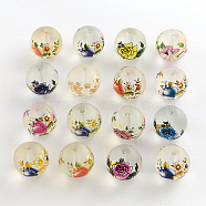 Flower Picture Frosted Transparent Glass Round Beads, Mixed Color, 14x13mm, Hole: 1.5mm(GFB-R004-14mm-M09)