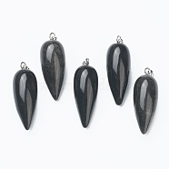 Natural Obsidian Pointed Pendants, with Platinum Brass Findings, Bullet, 32~33x12mm, Hole: 2.5x6mm(G-F705-01B-P)