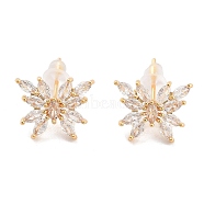 Brass Micro Pave Clear Cubic Zirconia Stud Earrings, Nickle Free, Flower, Real 18K Gold Plated, 11x14mm(EJEW-B058-07G)