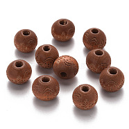 Painted Natural Wood Beads, Laser Engraved Pattern, Round with Flower Pattern, Peru, 10x9mm, Hole: 3mm(X-WOOD-N006-03A-02)