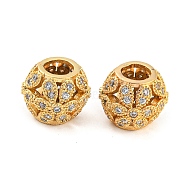 Rack Plating Brass Micro Pave Cubic Zirconia Europeam Beads, Large Hole Beads, Long-Lasting Plated, Cadmium Free & Lead Free, Barrel with Flower, Real 18K Gold Plated, 11.5x9.5mm, Hole: 5mm(ZIRC-P111-03G)