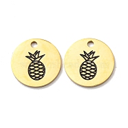 304 Stainless Steel Charms, with Enamel, Flat Round with Pineapple Pattern Charms, Real 14K Gold Plated, 12x1mm, Hole: 1.5mm(STAS-L022-176G)